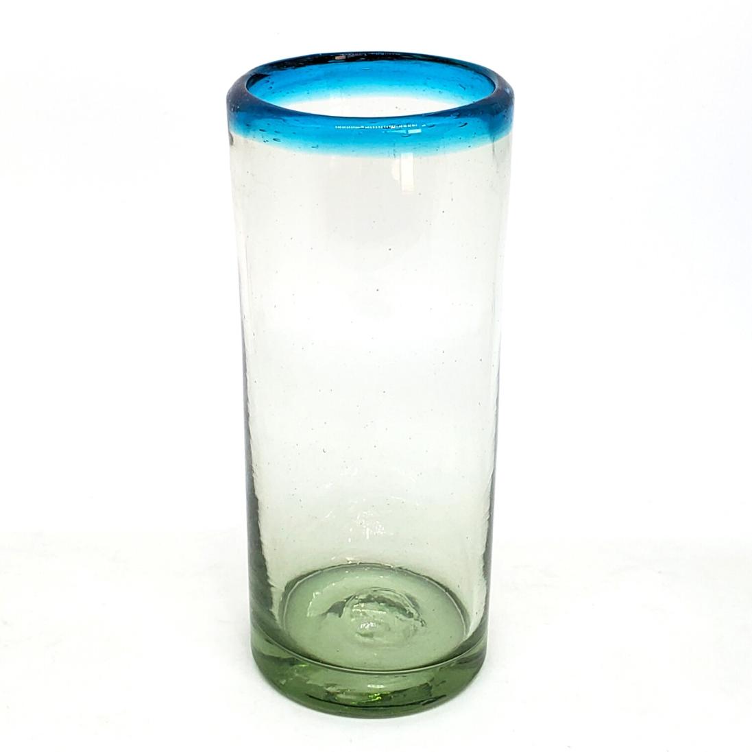 Vasos de Vidrio Soplado / Juego de 6 vasos tipo highball con borde azul aqua / Disfrute de mojitos, cubas o cualquier otra bebida refrescante con stos elegantes vasos tipo highball.